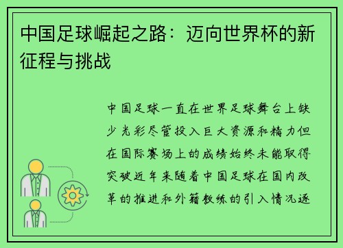 中国足球崛起之路：迈向世界杯的新征程与挑战