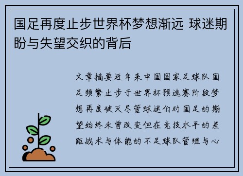 国足再度止步世界杯梦想渐远 球迷期盼与失望交织的背后